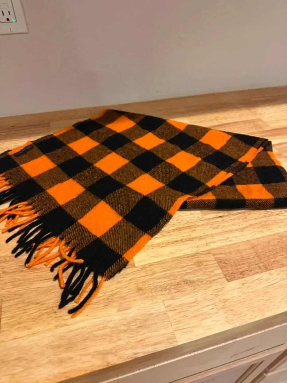Louis Feroud | Vintage French Wool Scarf Orange & Black Plaid